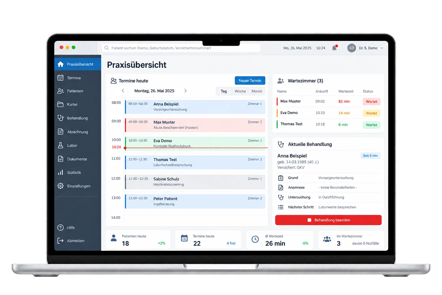 MacBook Air mit beispielhaftem Praxis-Dashboard